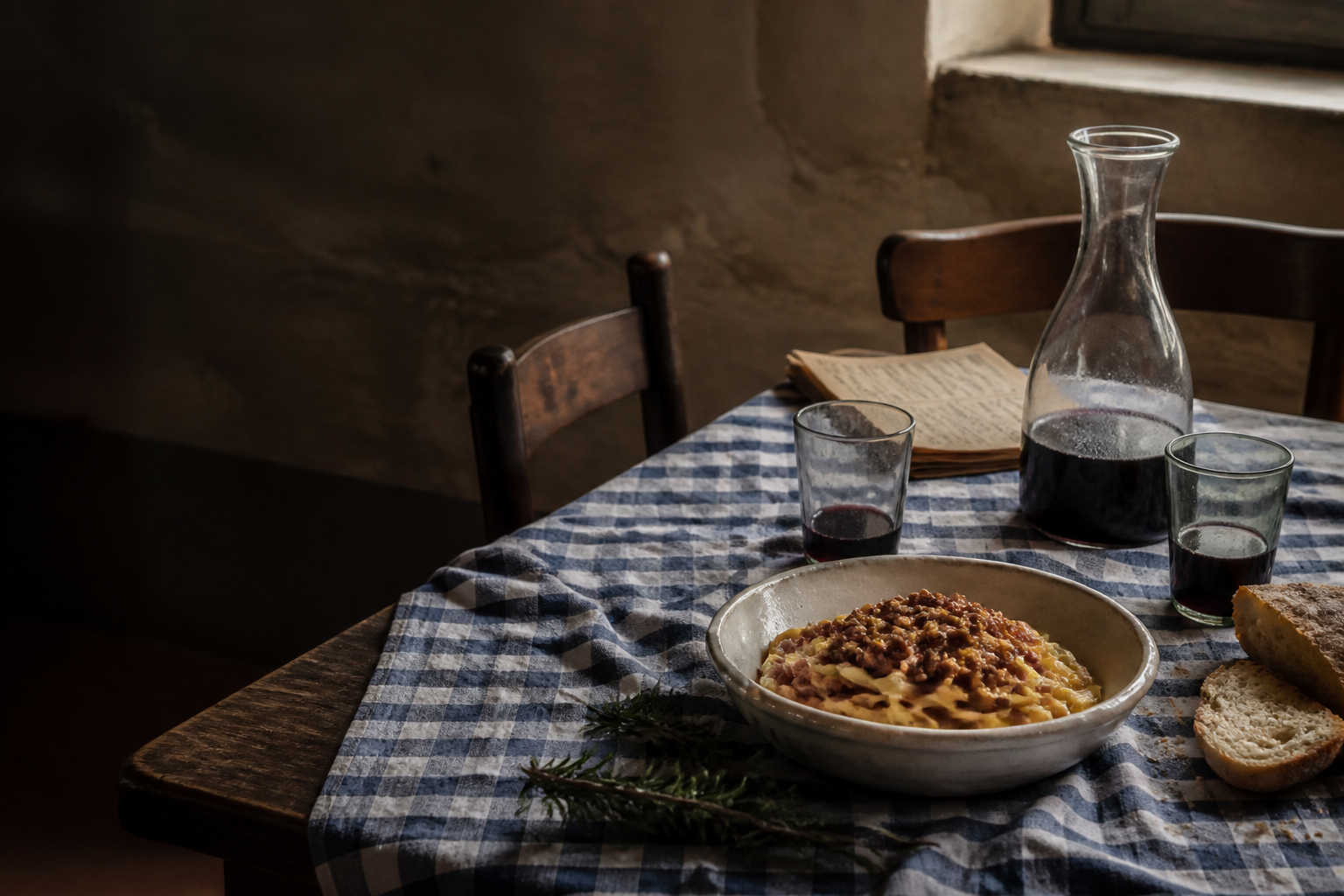 Tagliatelle al ragù, pane e vino della casa su una tovaglia a quadri